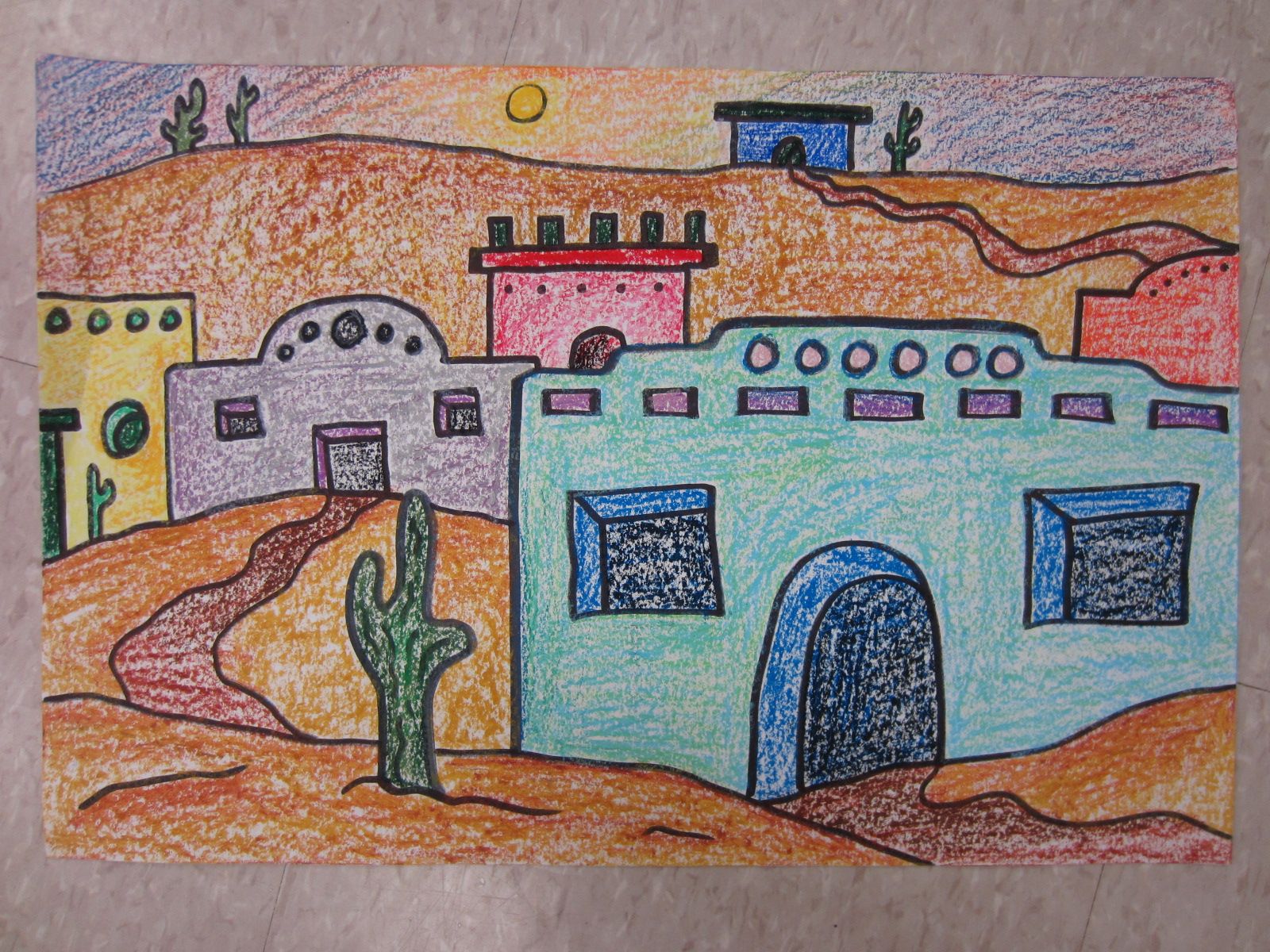1600x1200 Adobe Houses In Oil Pastel - Foreground Middleground Background Drawing