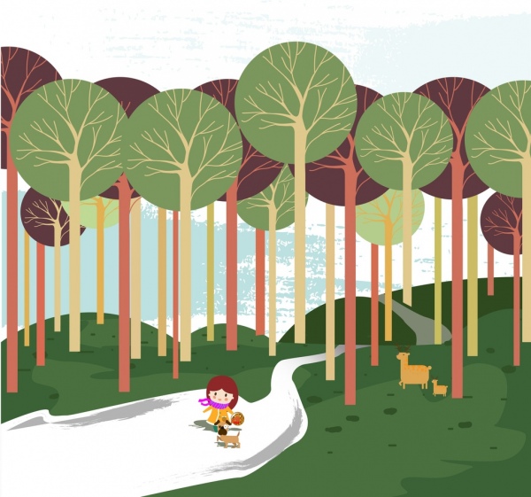 600x561 Little Girl In Forest Background Colored Cartoon Drawing Free - Forest Background Drawing