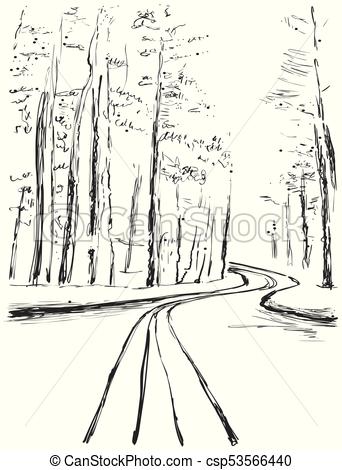 342x470 Vector Illustration Hand Drawn Forest Sketch Landscape With Road - Forest Black And White Drawing