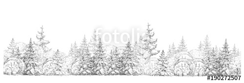 500x170 Winter Forest Drawing In Black And White, Seamless Element - Forest Black And White Drawing