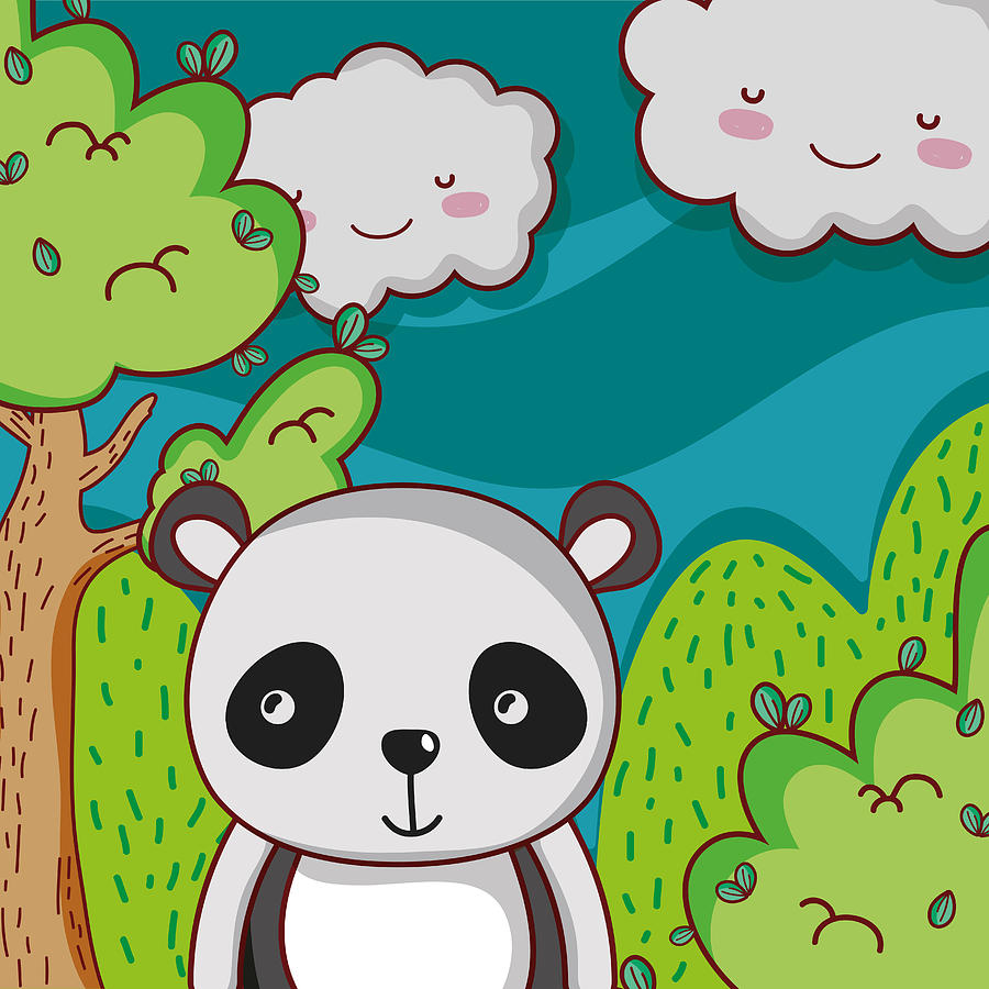 900x900 Cute Panda On Forest Doodle Cartoon Drawing - Forest Cartoon Drawing