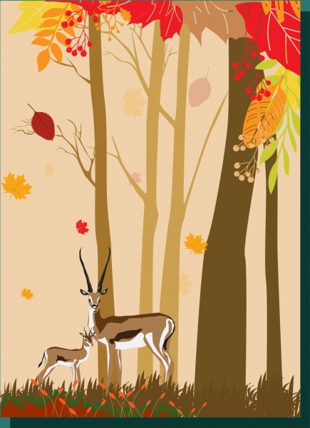 435x600 Autumn Forest Drawing Cartoon Manner Reindeer Trees Decoration - Forest Cartoon Drawing