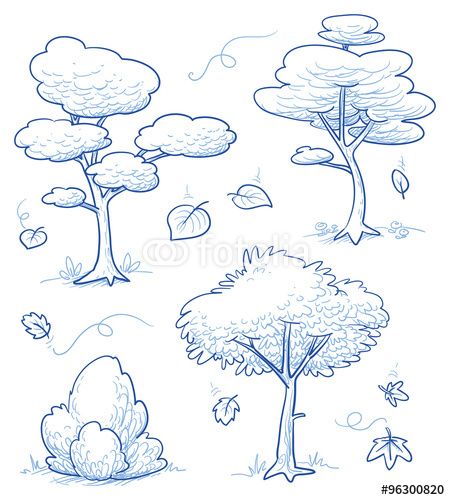 450x500 Vecteur Set Of Cute Cartoon Trees, Bush, Forest With Falling - Forest Cartoon Drawing