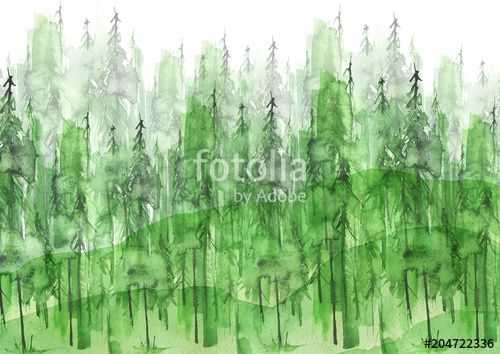500x354 watercolor group of green trees green, summer forest, landscape - Forest Landscape Drawing
