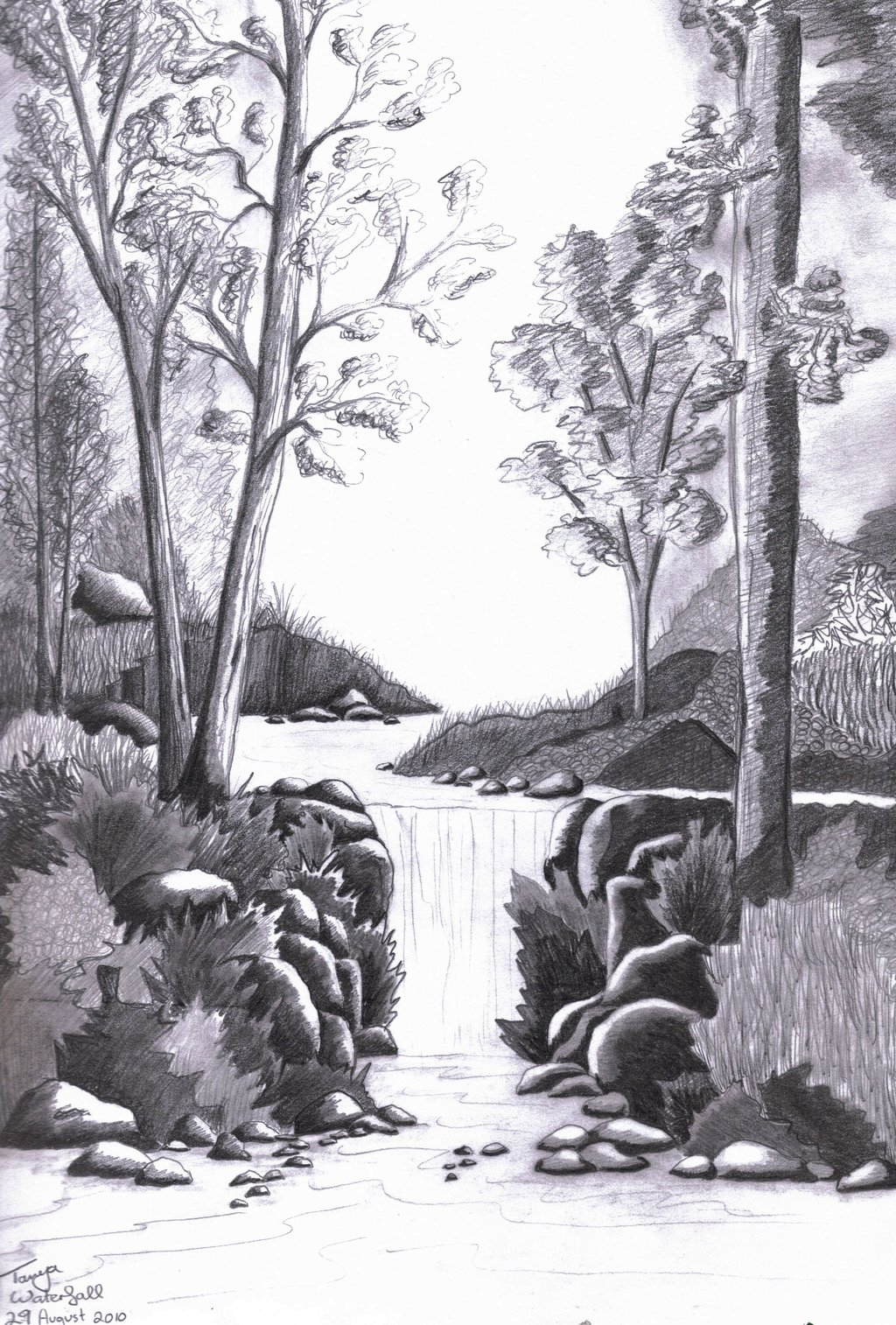 1024x1514 Easy Waterfall Pencil Drawing Full Hd Drawn Waterfall Forest - Forest Pencil Drawing