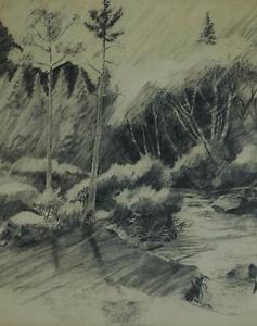 237x300 Beautiful Pencil Drawing Of Forest Landscape With Stream - Forest Pencil Drawing