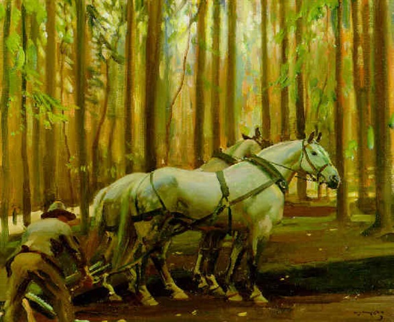 575x470 Forest Scene Man And Horses Drawing Timber - Forest Scene Drawing