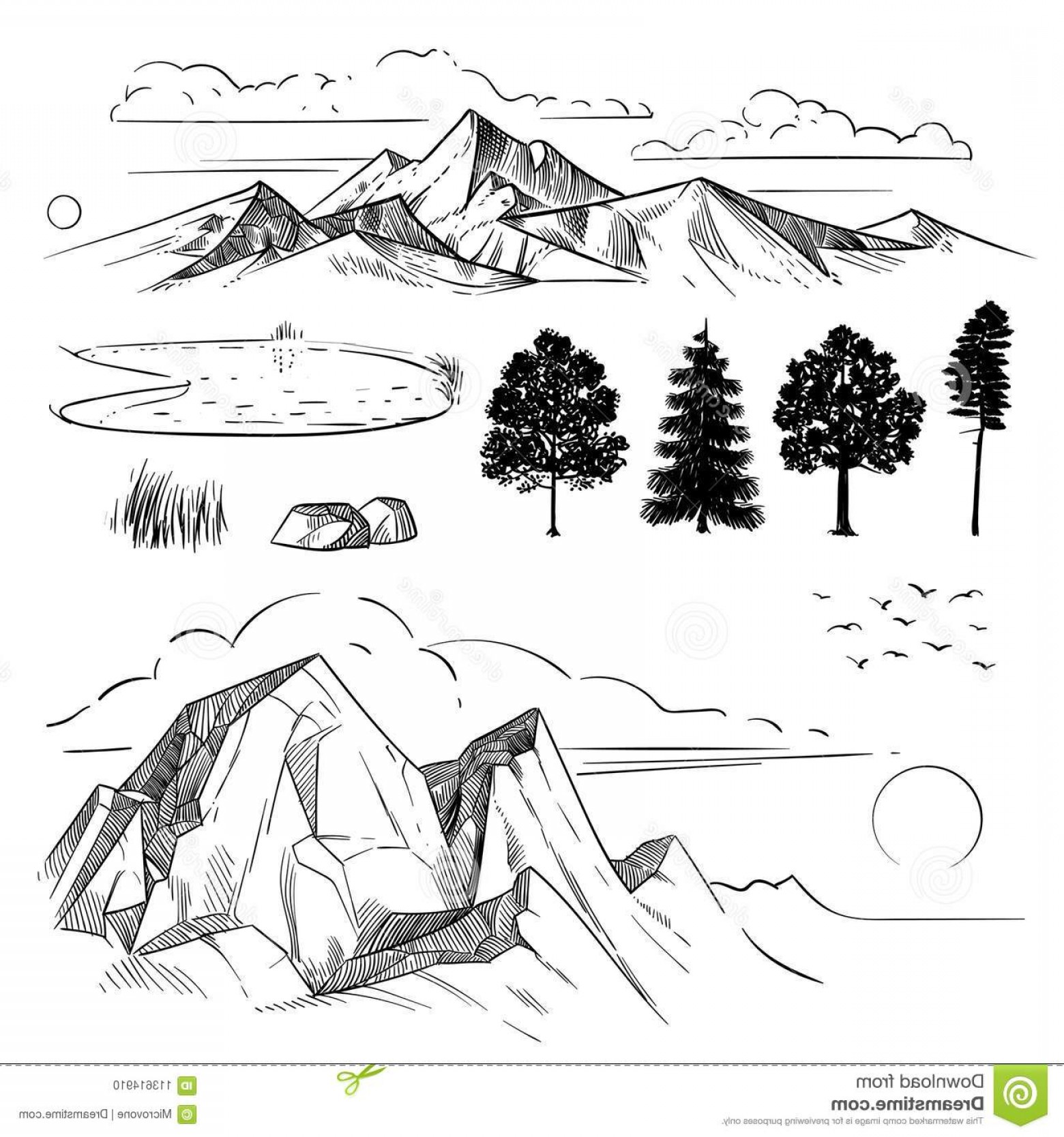 1560x1668 hand drawing mountain range peaks clouds sun forest trees retro - Forest Trees Drawing