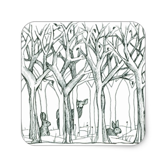 540x540 Deer Rabbits Wildlife Forest Trees Ink Drawing Square Sticker - Forest Trees Drawing