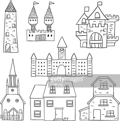 413x415 castle and fortress collection in line art style, black and white - Fortress Drawing