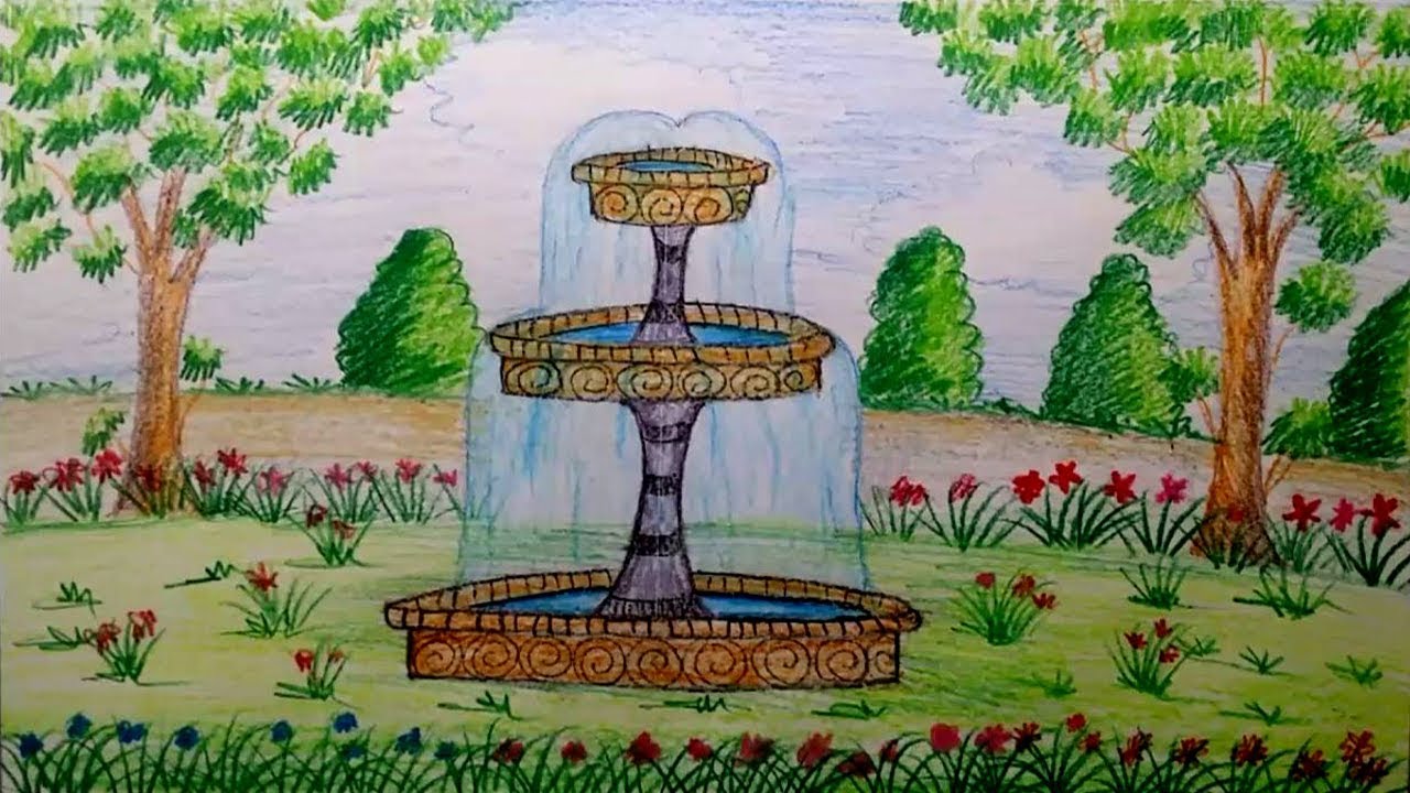 1280x720 How To Draw Garden Fountain Step - Fountain Drawing