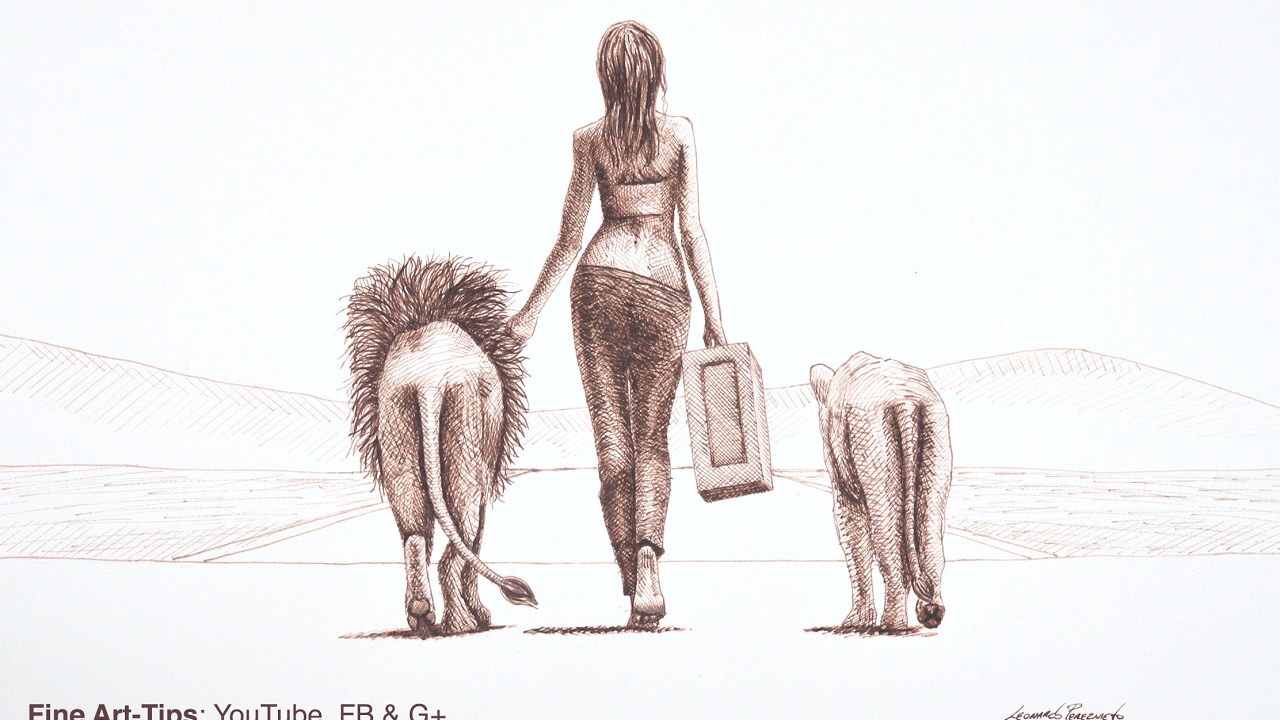 1280x720 how to draw a woman walking with lions with fountain pen - Fountain Pen Drawing