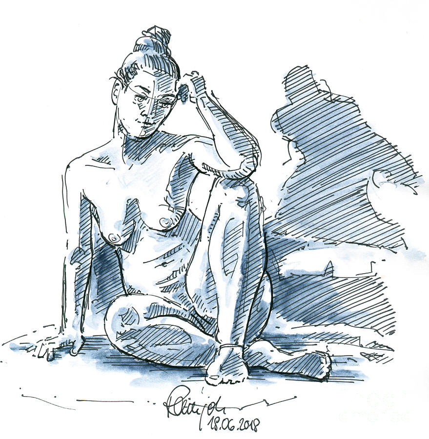 879x900 female figure drawing sitting pose fountain pen ink drawing - Fountain Pen Drawing