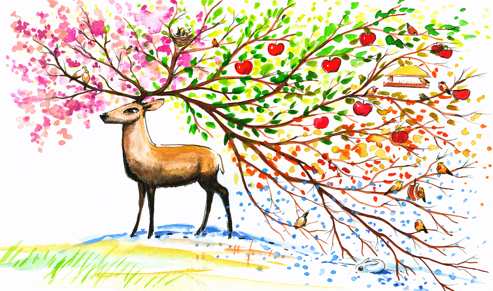 1610x950 Drawing Of Deer With Different Plants Sprouting From Antlers - Four Seasons Drawing