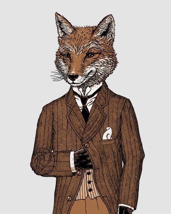 570x713 Dapper Fox Animal Print Print Woodland Animals Hipster Etsy - Fox Animal Drawing