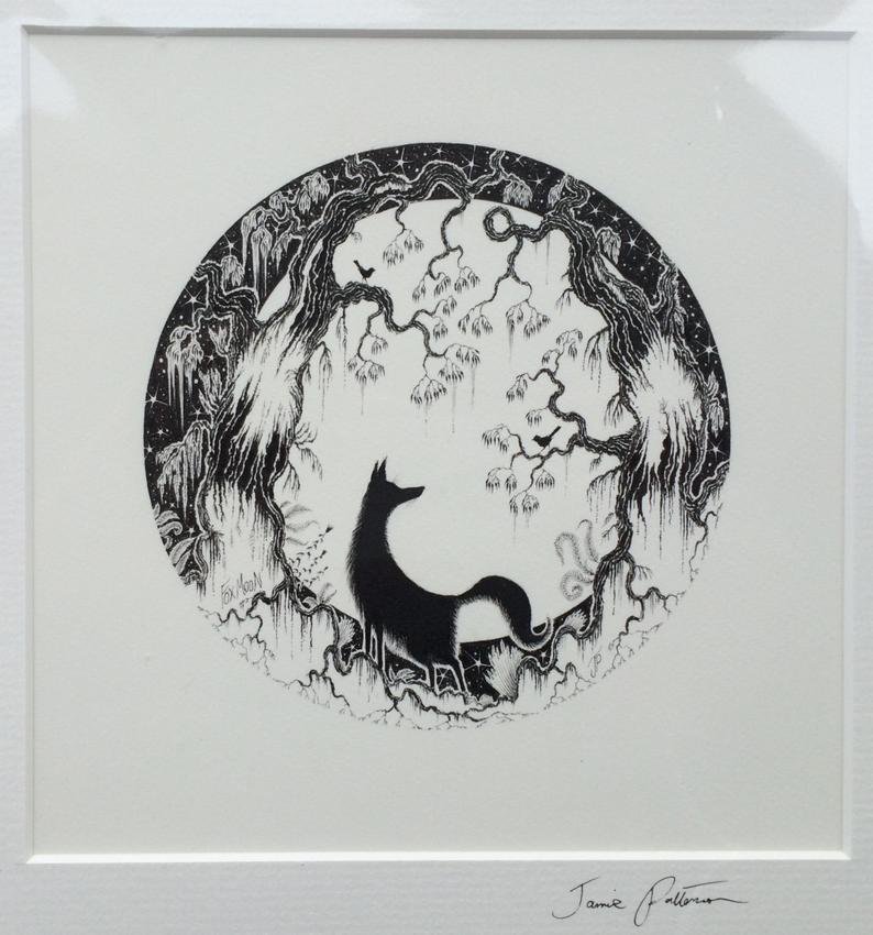 794x850 Fox Original Illustration And Fox And Moon Silhouette Drawing Etsy - Fox Black And White Drawing