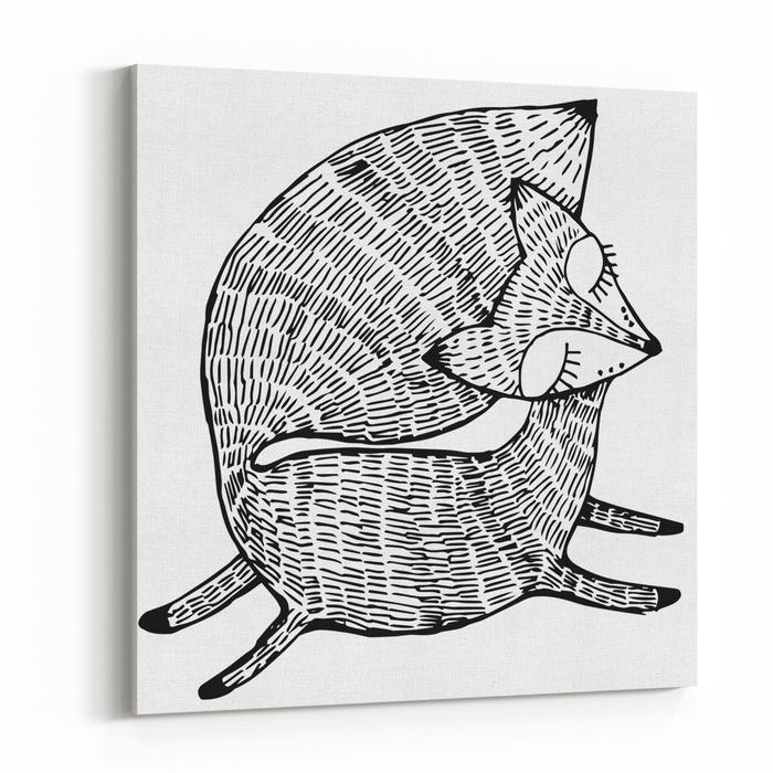 700x700 Stylized Fox Forest Animals Cute Fox Line Art Black And White - Fox Black And White Drawing