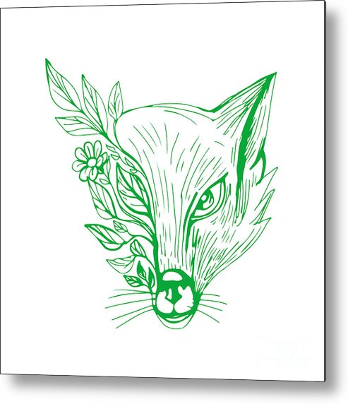 493x572 Fox Head With Flower And Leaves Drawing Metal Print - Fox Head Drawing