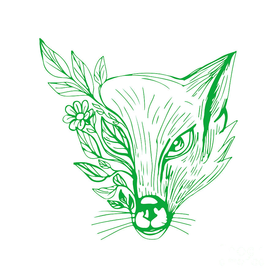 900x900 Fox Head With Flower And Leaves Drawing Digital Art - Fox Head Drawing