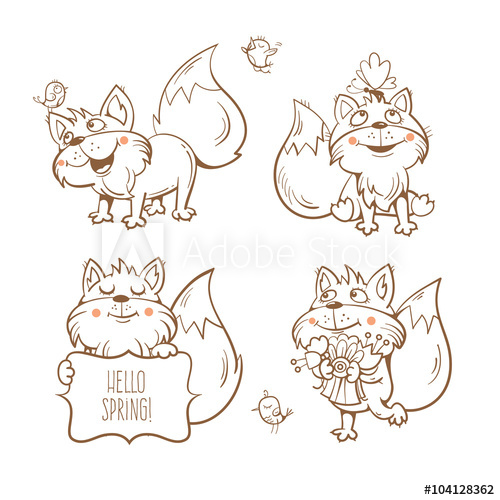 500x500 Spring Cartoon Funny Fox Set Flowers, Butterflies And Birds - Fox Outline Drawing