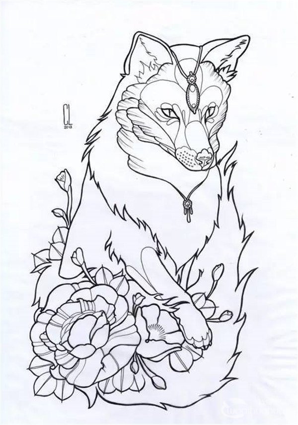 600x855 Black Outline Fox With Flower Tattoo Design - Fox Outline Drawing