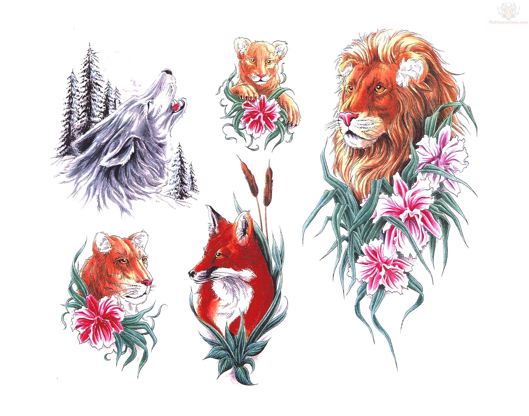 1750x1375 flowers leo, wolf, tiger and fox tattoo designs - Fox Tattoo Drawing