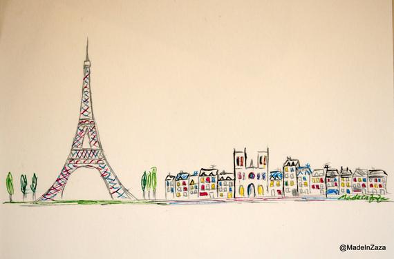 570x376 Paris Skyline France Eiffel Tower Markers Drawing Etsy - France Eiffel Tower Drawing