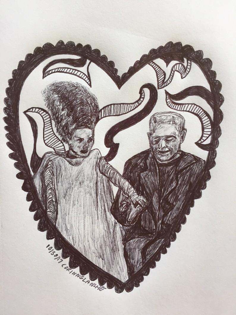 794x1059 Monsters In Love Bride Of Frankenstein Drawing Etsy - Frankenstein Drawing