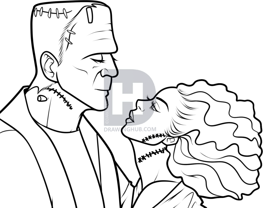 907x720 How To Draw Frankenstein And His Bride, Step - Frankenstein Face Drawing