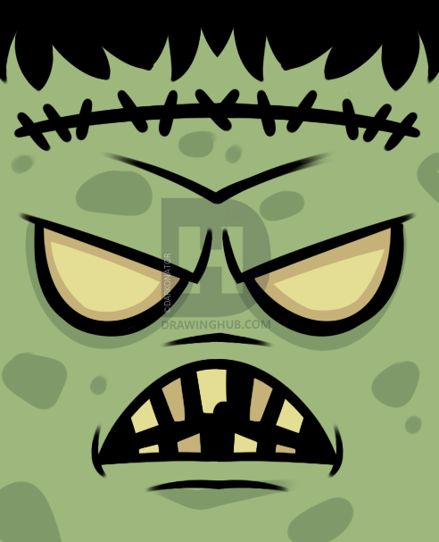 492x607 How To Draw Frankenstein For Kids, Step - Frankenstein Face Drawing