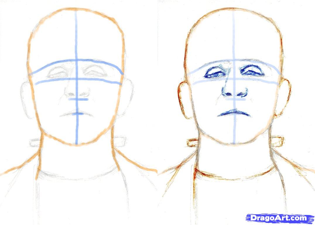 1076x768 How To Draw Frankenstein, Step - Frankenstein Face Drawing