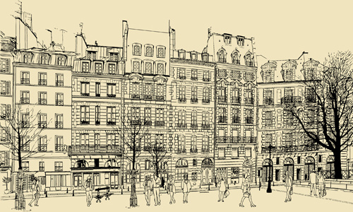 500x300 Drawing City Buildings And Scenery Vector Free Vector - Free Building Drawing