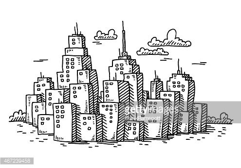 495x346 hand drawn vector drawing of a cityscape with cartoon skyscraper - Free Building Drawing