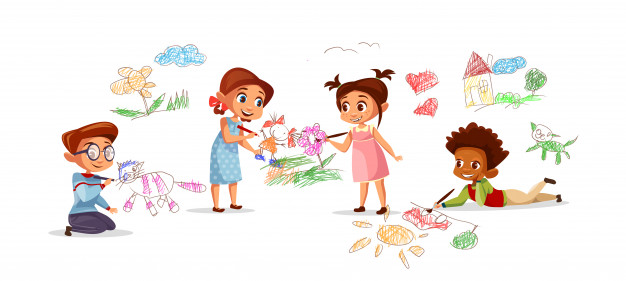 626x281 Children Drawing Pictures With Chalk Pencils Of Cartoon Kids - Free Drawing For Kindergarten