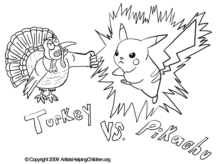756x574 Thanksgiving Pikachu Fighting Turkey Crafts Activity Coloring - Free Drawing Printouts