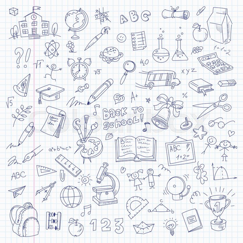800x800 Freehand Drawing School Items On A Stock Vector Colourbox - Free Drawing School