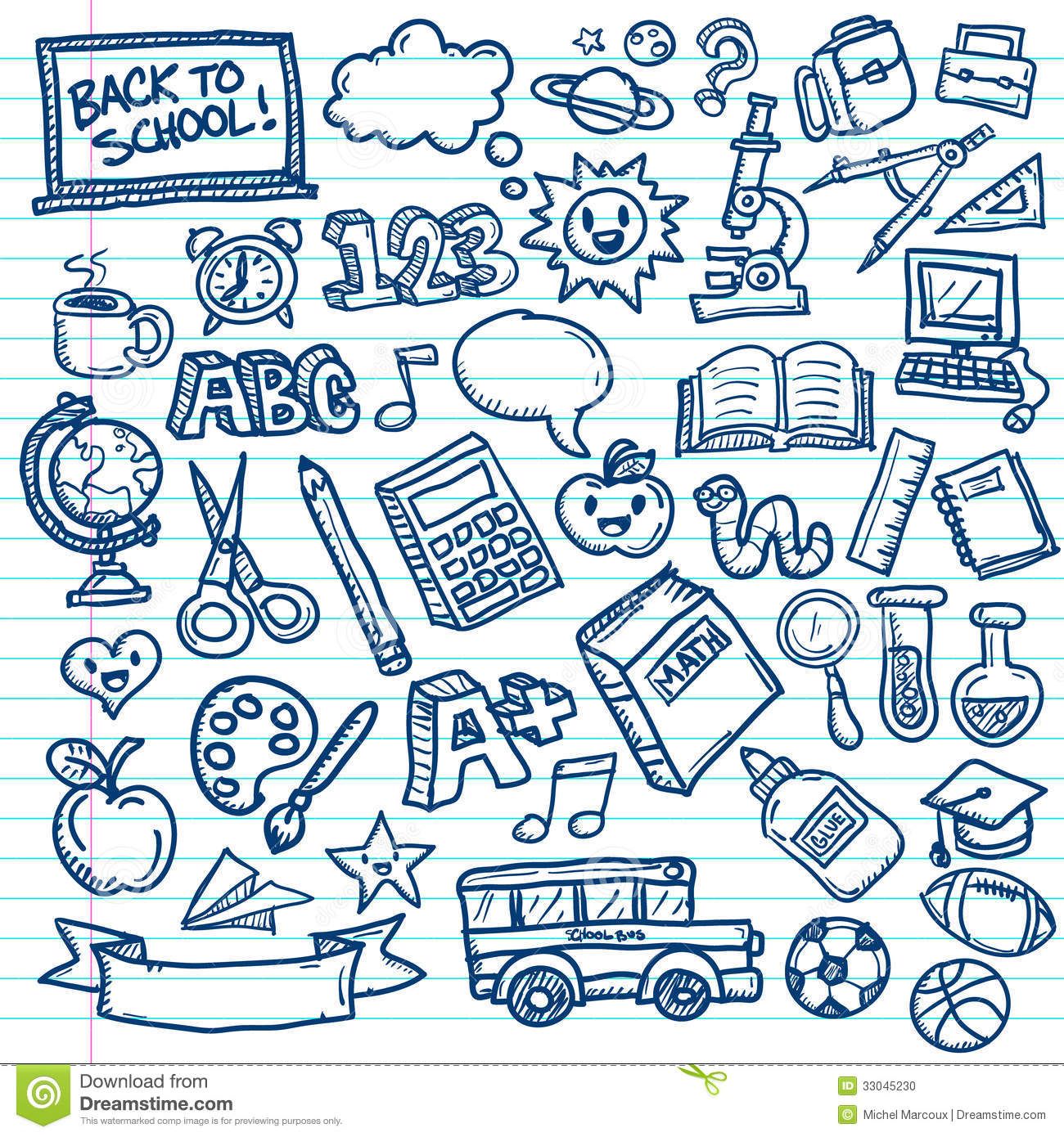 1300x1390 Set Of Vector Freehand Drawings Of School Icons On Lined Paper - Free Drawing School
