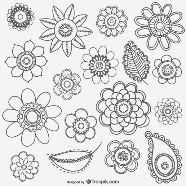 600x600 Black And White Flower Drawings Free Vector - Free Flower Drawings