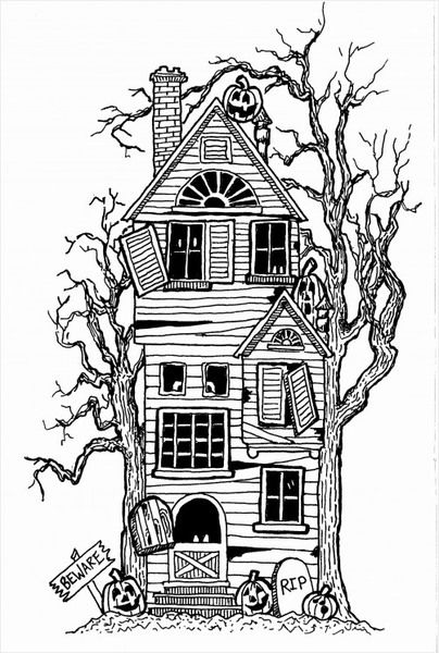 404x600 Haunted House Drawing In Pen And Ink Houses Halloween Coloring - Free House Drawing