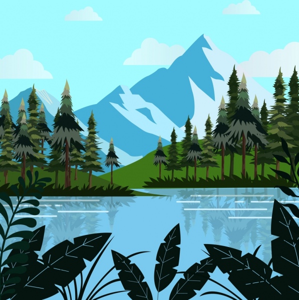 597x600 Natural Landscape Drawing Mountain Lake Trees Decoration Free - Free Landscape Drawing