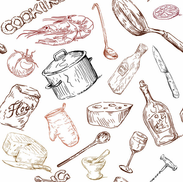 600x597 Line Drawing Of Food And Kitchen Utensils - Free Line Drawings