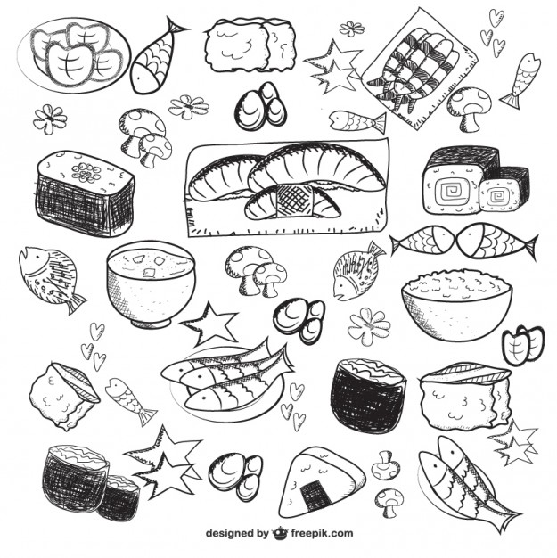625x626 Sketched Asian Food Vector Free Download - Free Vector Drawing