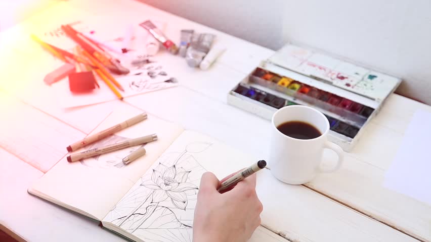 852x480 Young Beautiful Girl Freelance Illustrator Stock Footage Video - Freelance Drawing Artist