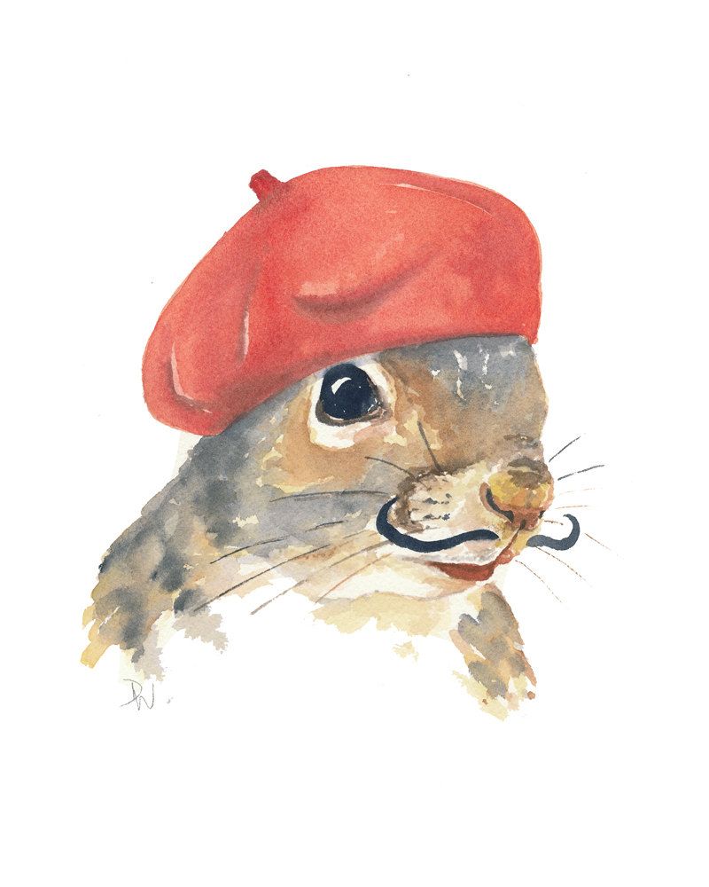 800x1000 squirrel painting original watercolour - French Beret Drawing
