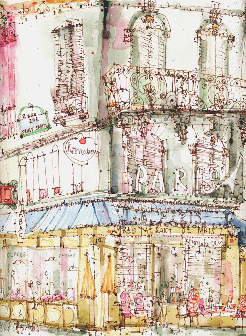 794x1084 paris cafe art signed paris print pen drawing sketch paris etsy - French Cafe Drawing