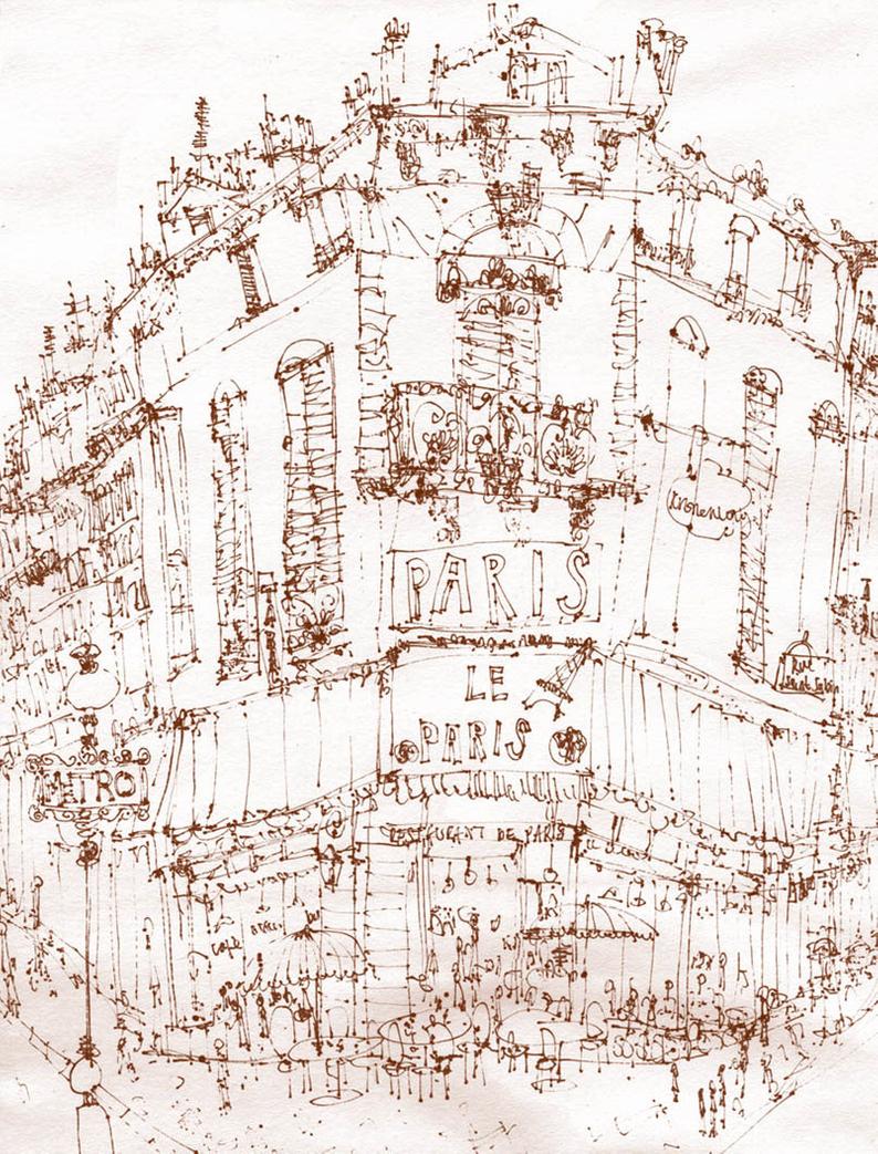 794x1043 Paris Cafe Drawing Building Pen Sketch Signed France Print Etsy - French Cafe Drawing