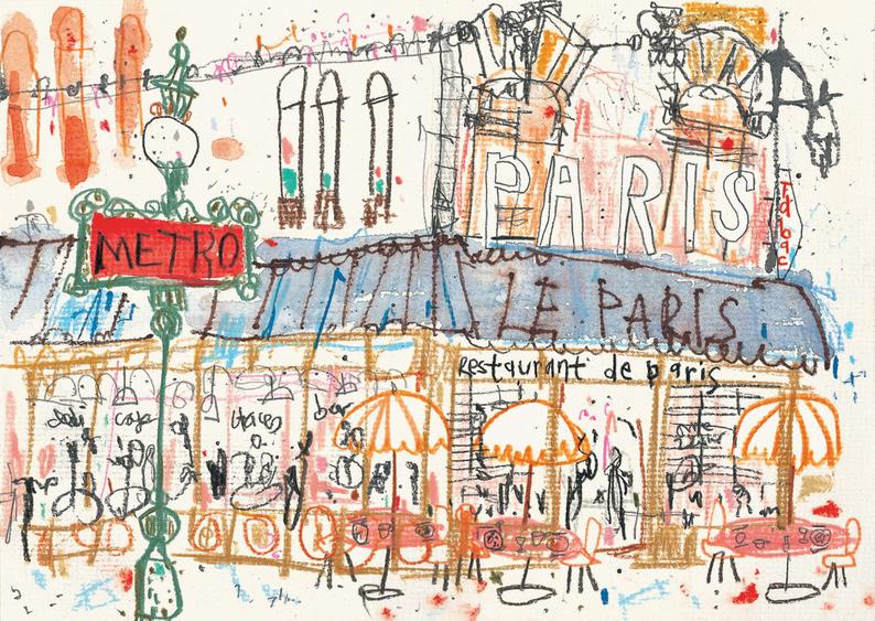 794x563 paris sketchbook paris metro art print mixed media etsy - French Cafe Drawing