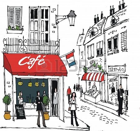 450x420 Illustration Of French Village Cafe Street Scene In Al - French Cafe Drawing