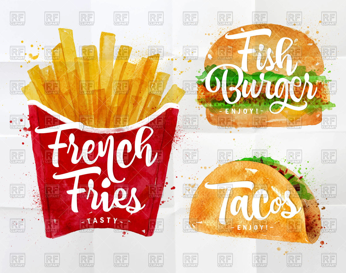 1200x949 set of french fries, fish burger and tacos drawing with color - French Fries Drawing
