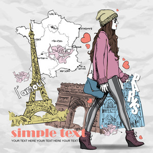 300x300 Lovely Spring Girl In Sketch Style On A French Background Vector - French Girl Drawing